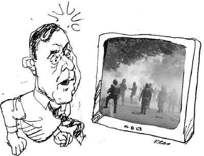 Caricature of Edmunds, surprised look at television showing unrest